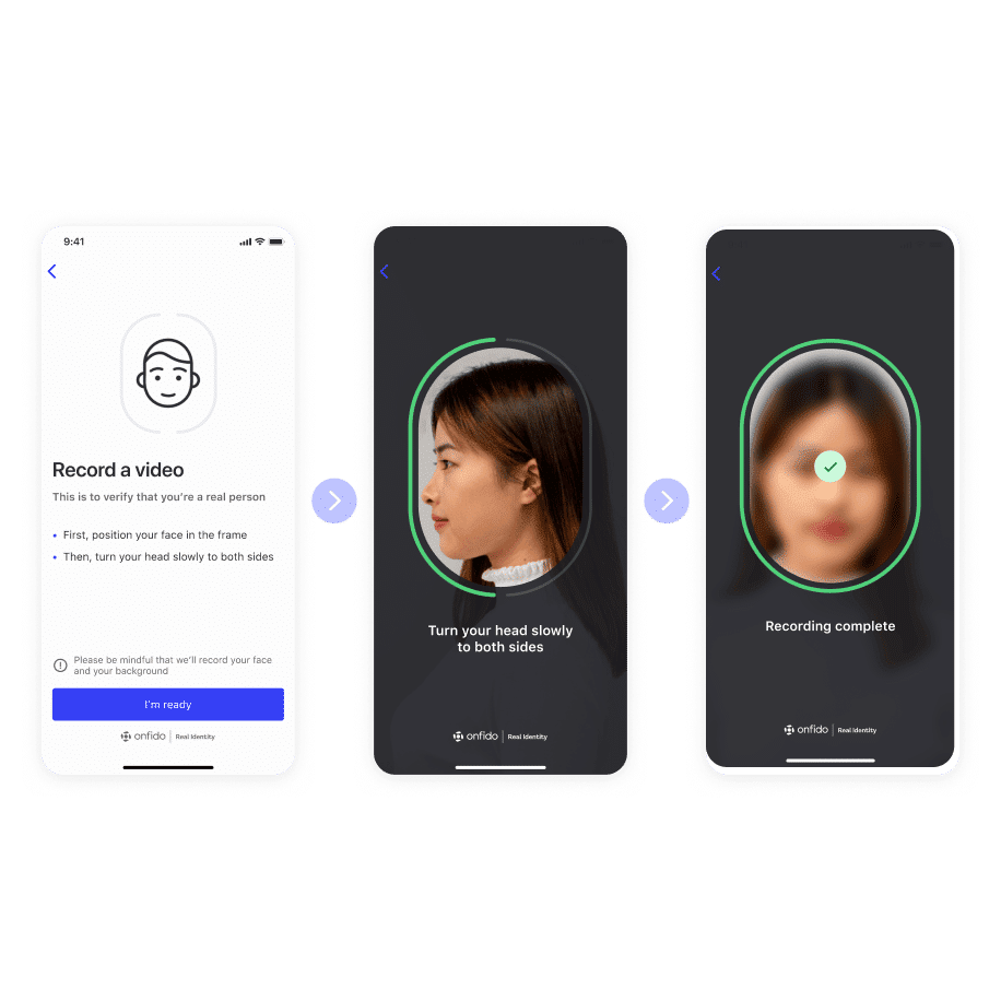 Reverification workflow. A user is guided to position their face in the camera, and turn their head to the left and right.