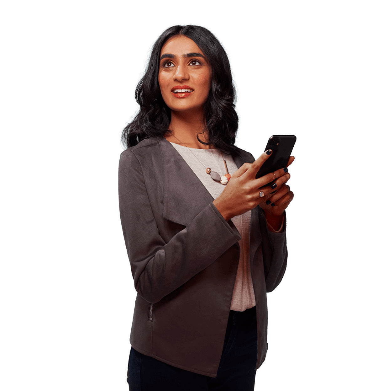 woman standing with phone